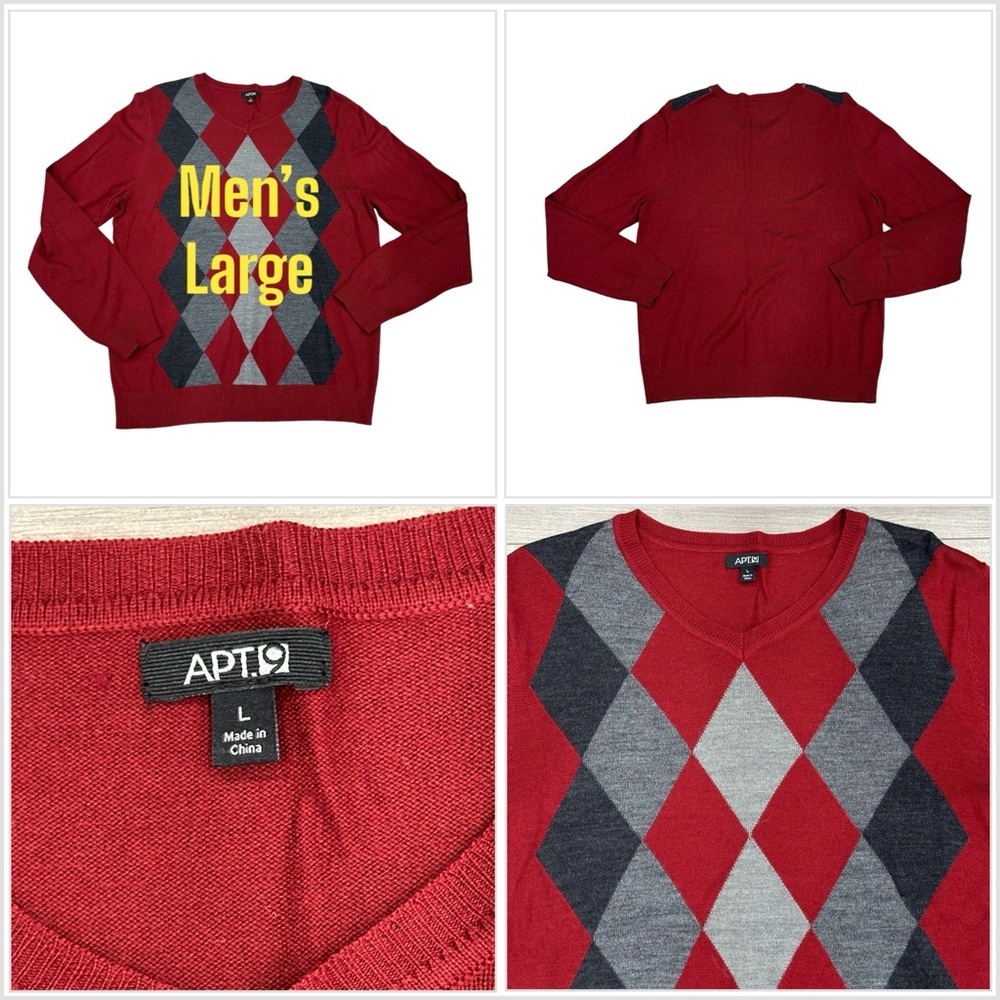 Apt. 9 L Large 42 - 44 V-Neck Sweater Argyle Maroon Gray Charcoal Diamond NWOT